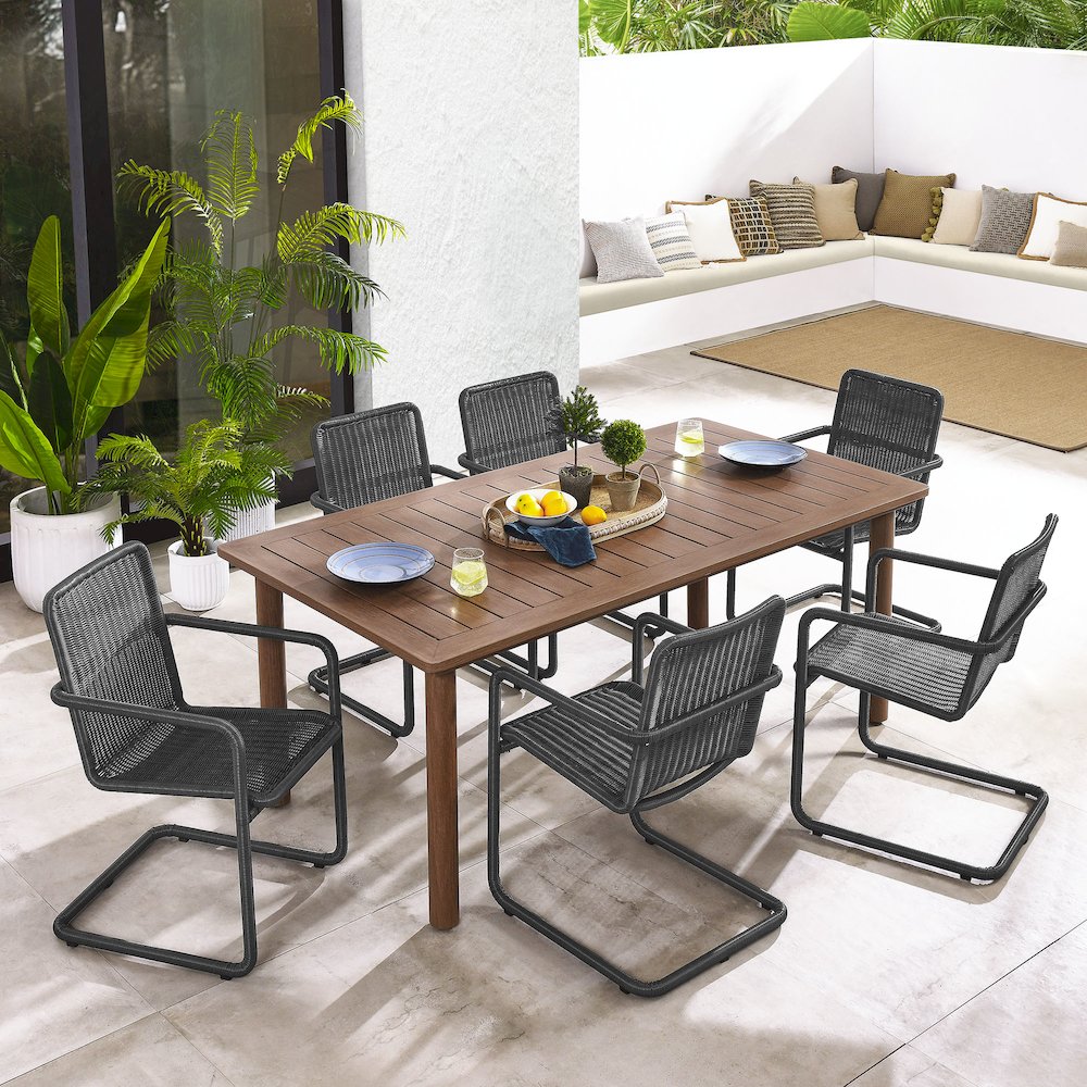 7-Piece Rectangular Outdoor Aluminum Dining Table Set with Rattan Armchairs. Picture 14