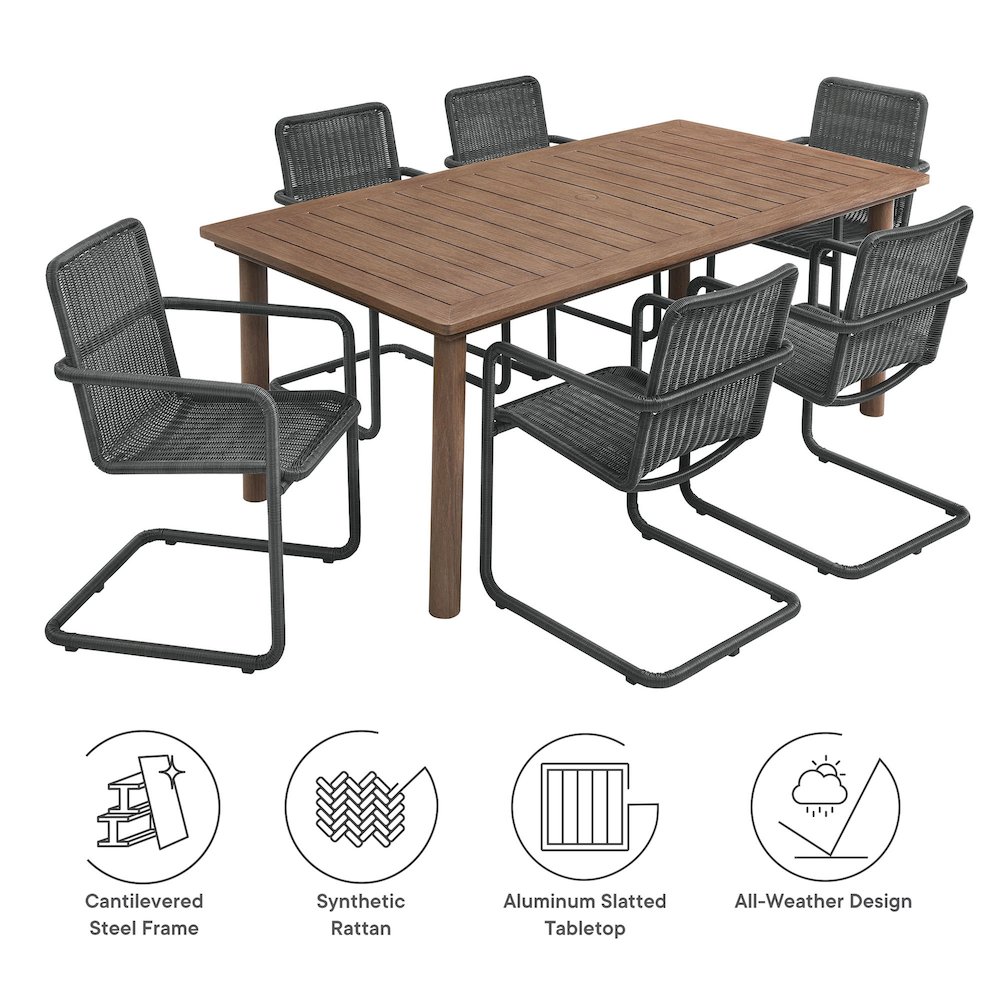7-Piece Rectangular Outdoor Aluminum Dining Table Set with Rattan Armchairs. Picture 2