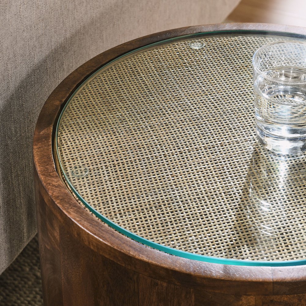 Truett Round Wood Rattan Side Table. Picture 7