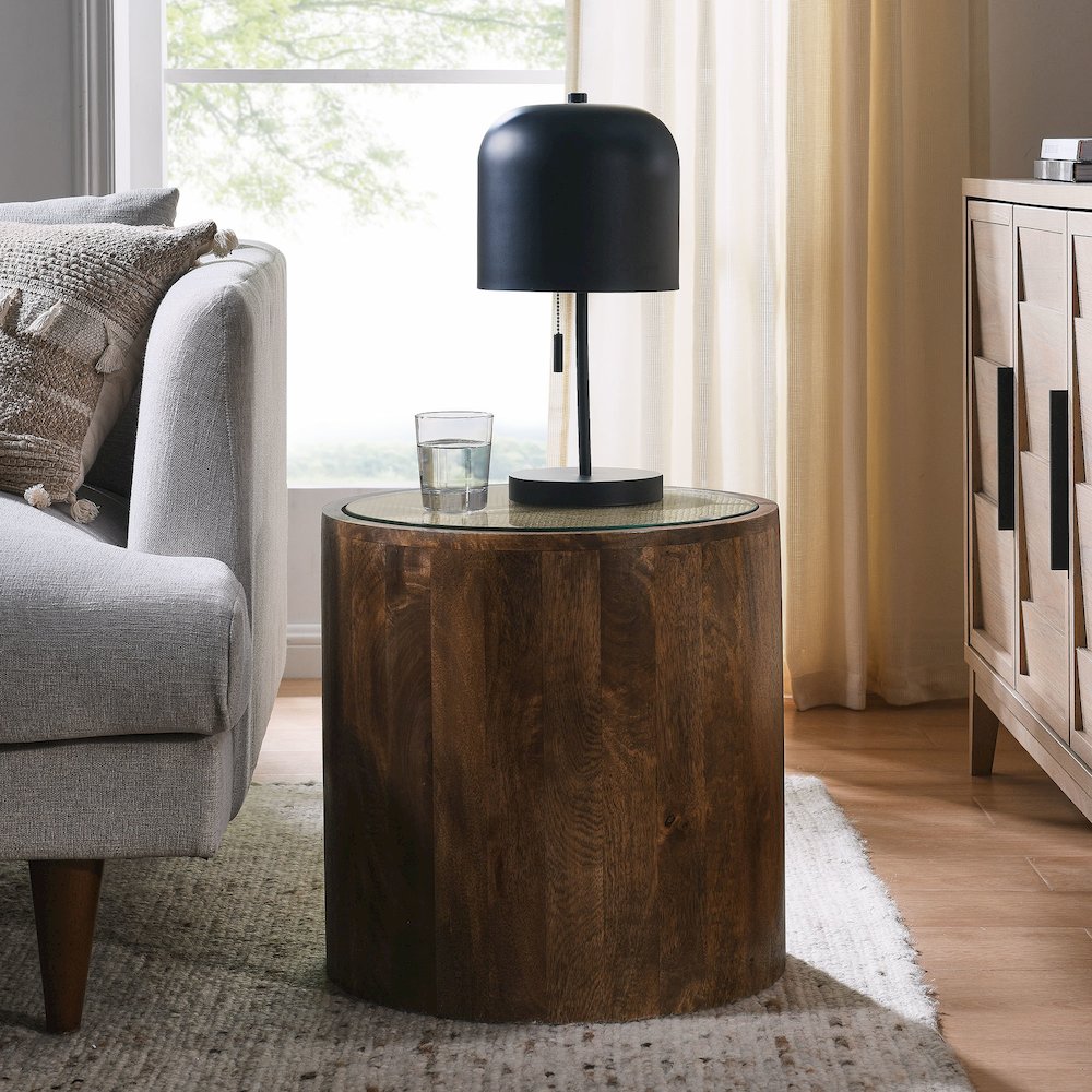 Truett Round Wood Rattan Side Table. Picture 6