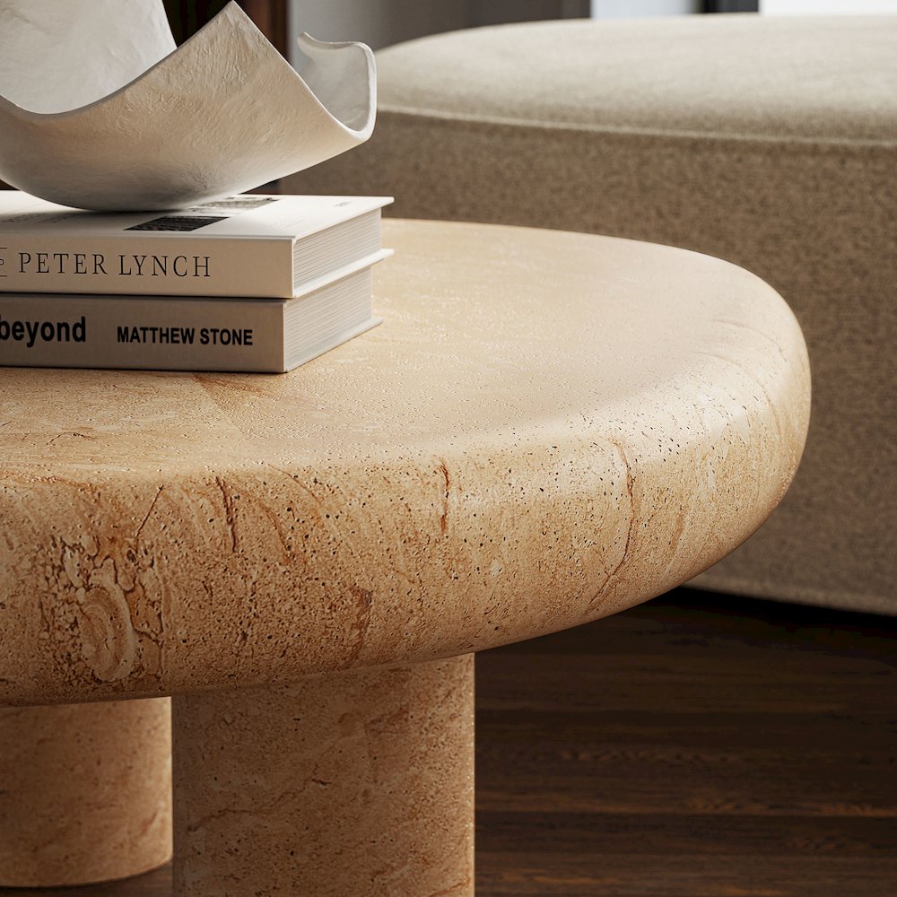 Elowen Indoor - Outdoor Patio Textured Faux Travertine Coffee Table. Picture 14