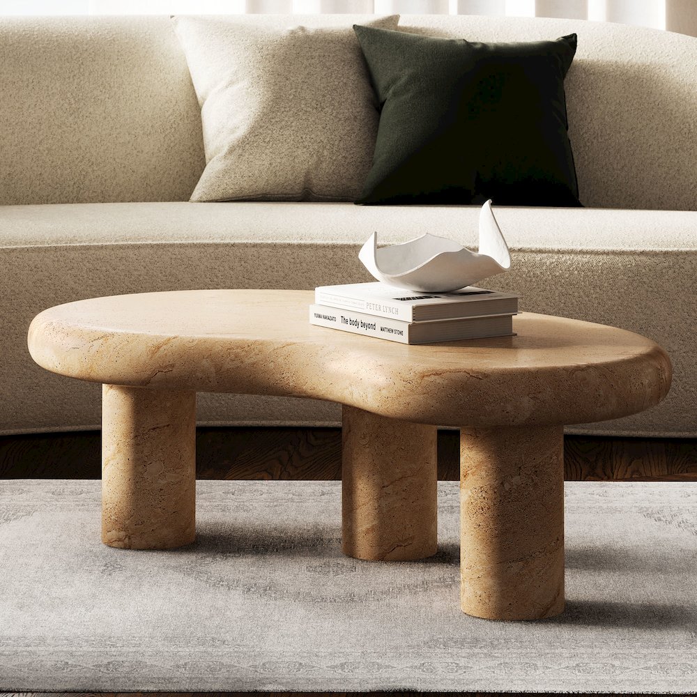 Elowen Indoor - Outdoor Patio Textured Faux Travertine Coffee Table. Picture 13