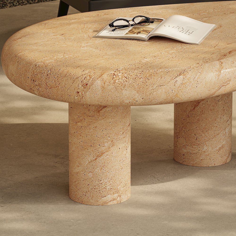 Elowen Indoor - Outdoor Patio Textured Faux Travertine Coffee Table. Picture 12