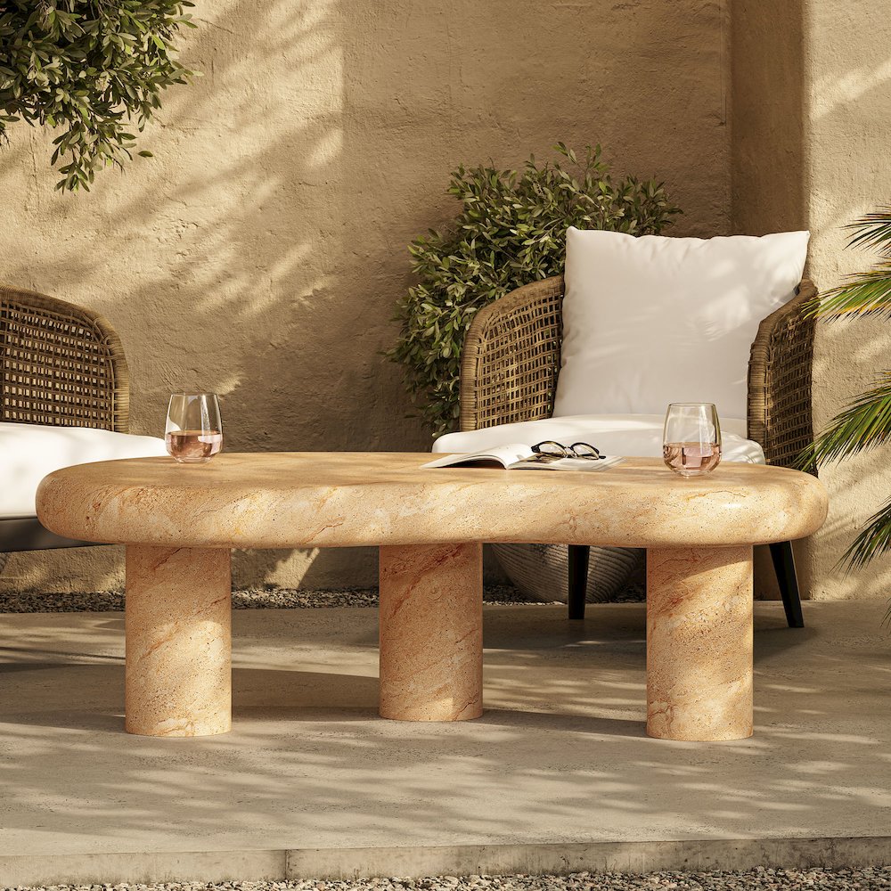 Elowen Indoor - Outdoor Patio Textured Faux Travertine Coffee Table. Picture 11