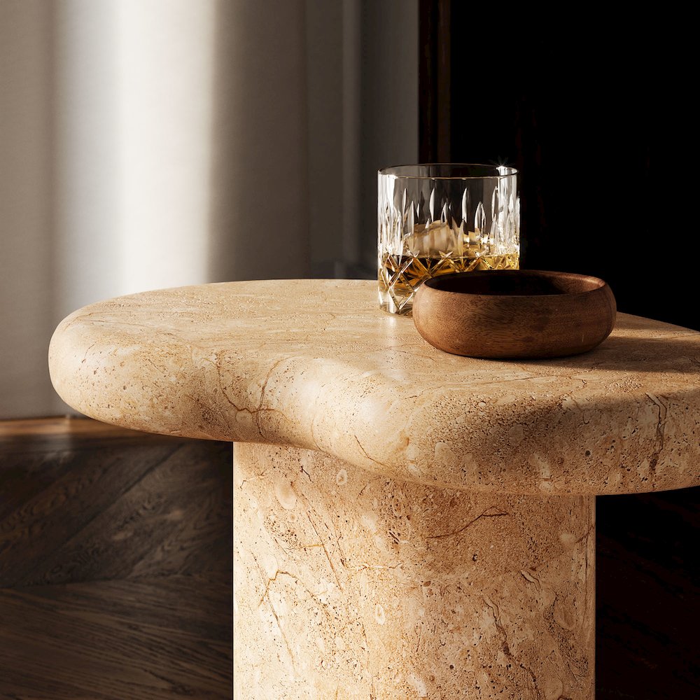 Elowen Indoor - Outdoor Patio Textured Faux Travertine Side Table. Picture 14