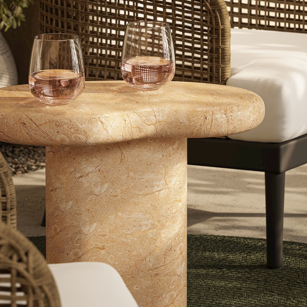 Elowen Indoor - Outdoor Patio Textured Faux Travertine Side Table. Picture 12