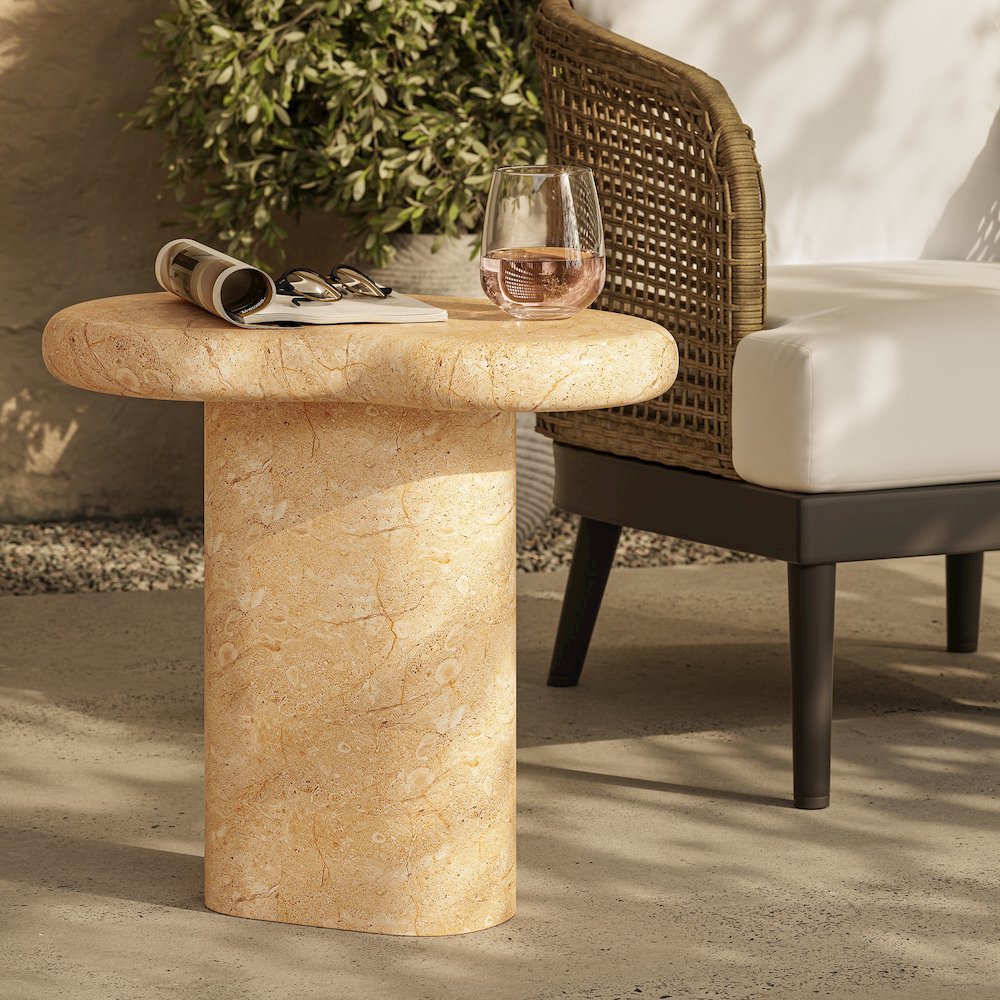 Elowen Indoor - Outdoor Patio Textured Faux Travertine Side Table. Picture 11