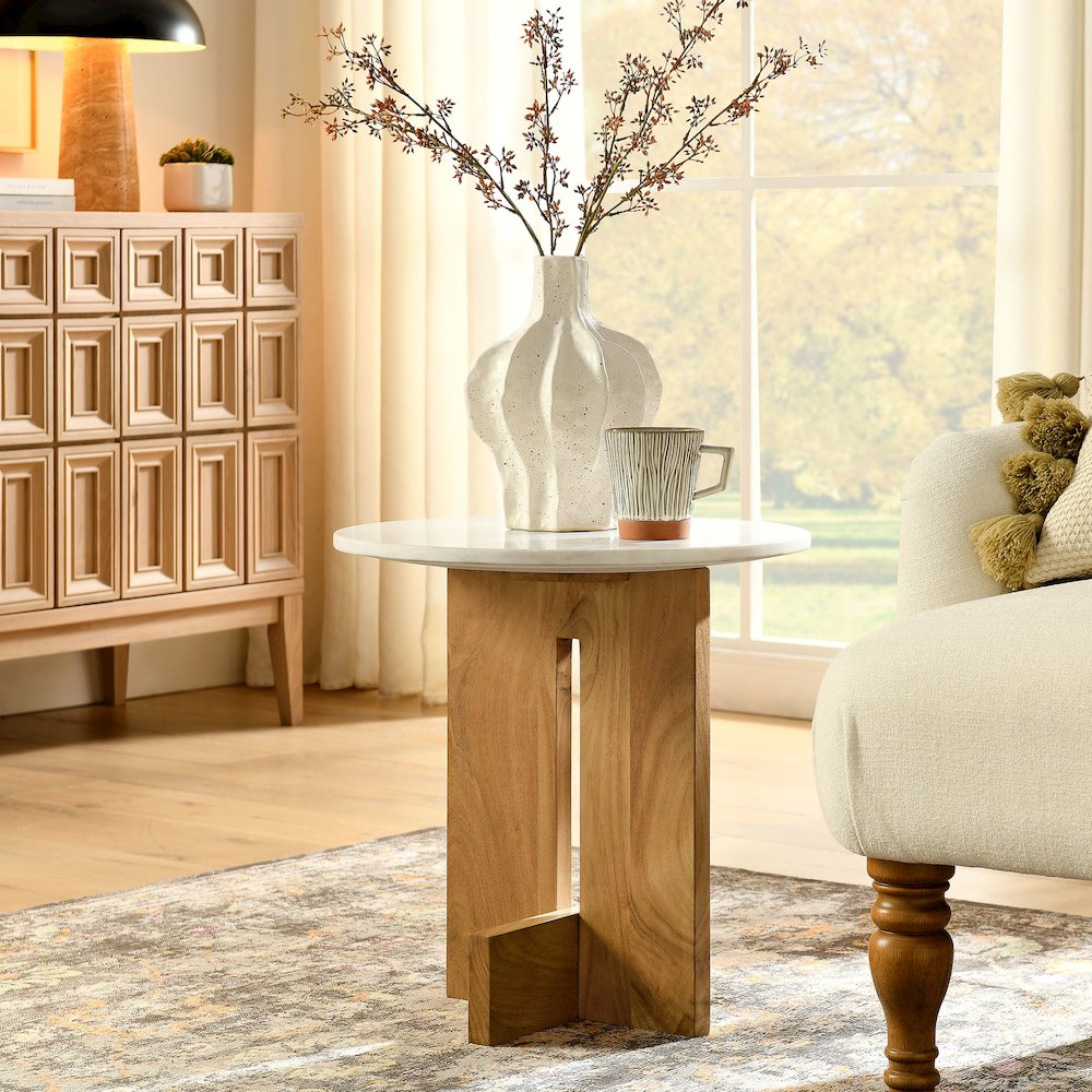 Tarin Acacia Wood and Marble Side Table. Picture 8
