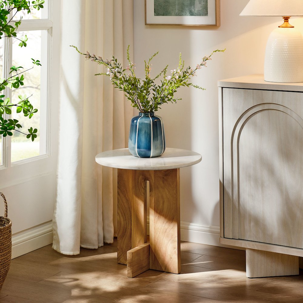 Tarin Acacia Wood and Marble Side Table. Picture 9