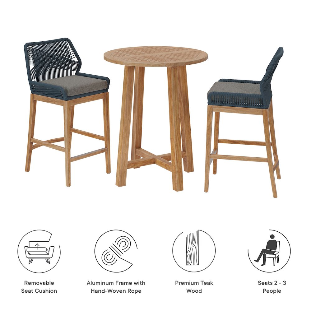 Wellspring 3-Piece Outdoor Patio Teak Wood Bar Set. Picture 4