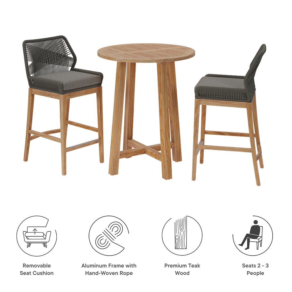 Wellspring 3-Piece Outdoor Patio Teak Wood Bar Set. Picture 4