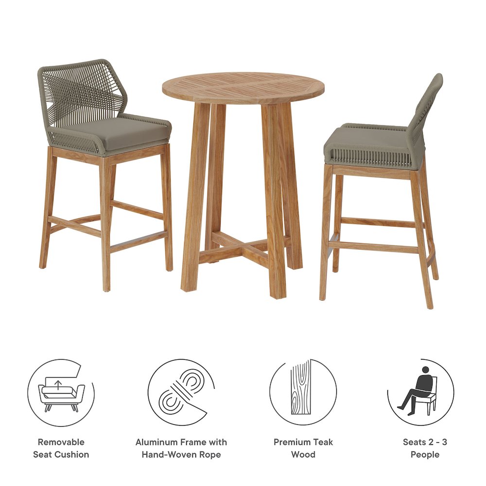 Wellspring 3-Piece Outdoor Patio Teak Wood Bar Set. Picture 4