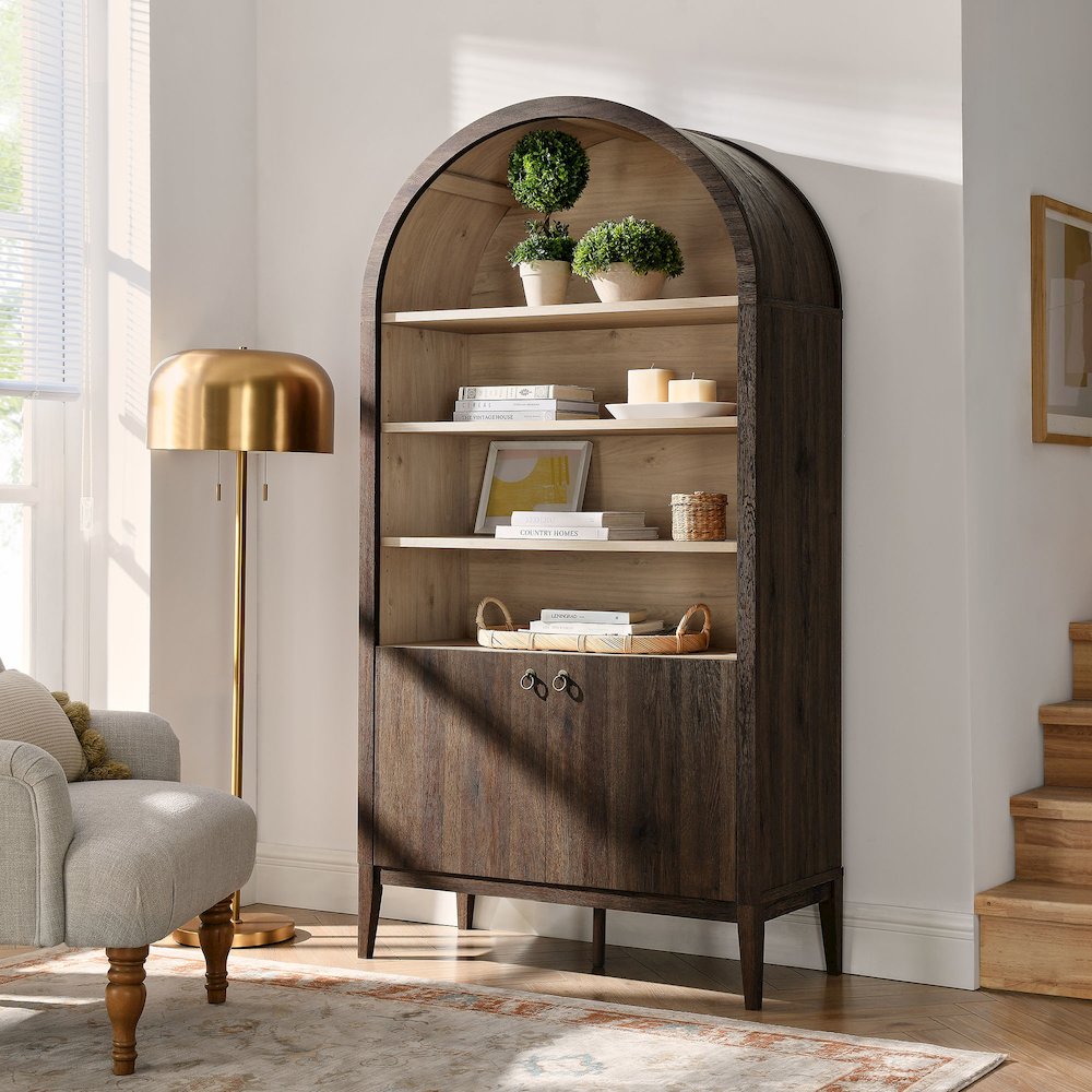 Nolan 74" Tall Wide Arched Storage Display Cabinet Bookshelf. Picture 8