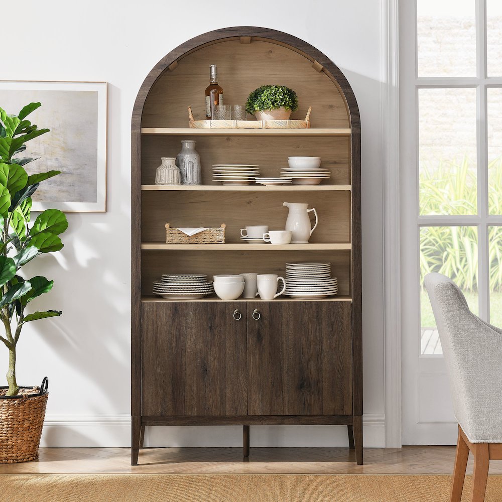 Nolan 74" Tall Wide Arched Storage Display Cabinet Bookshelf. Picture 9