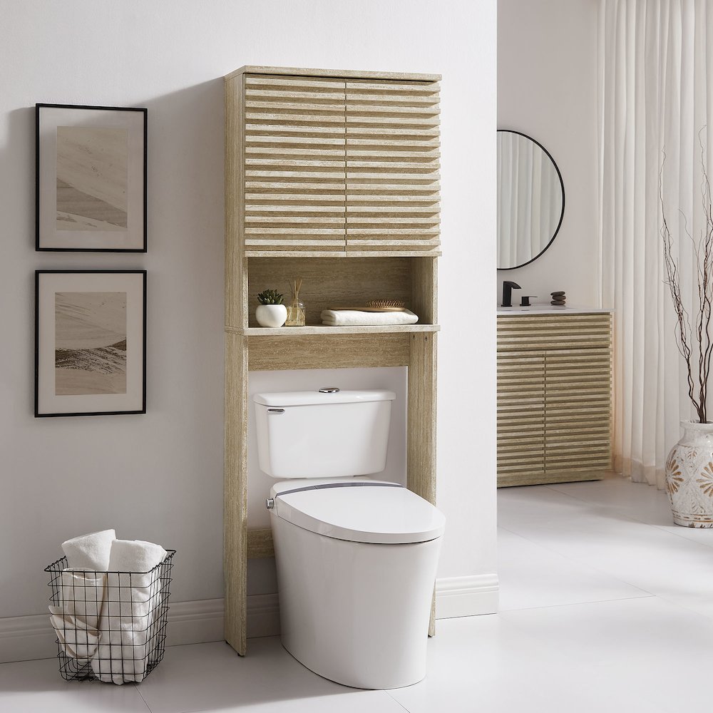 Render Over the Toilet Faux Travertine Bathroom Storage Cabinet. Picture 8