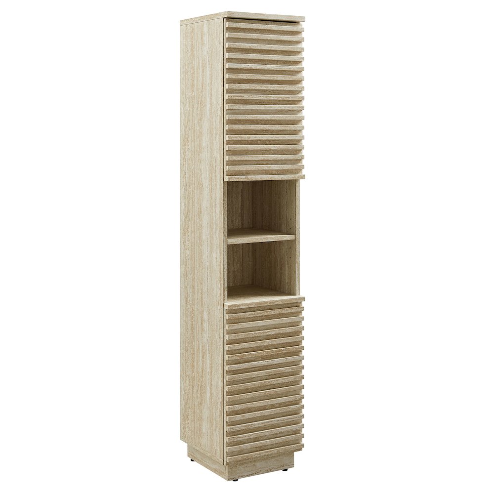 Render Tall Narrow Faux Travertine Linen Storage Cabinet. Picture 1