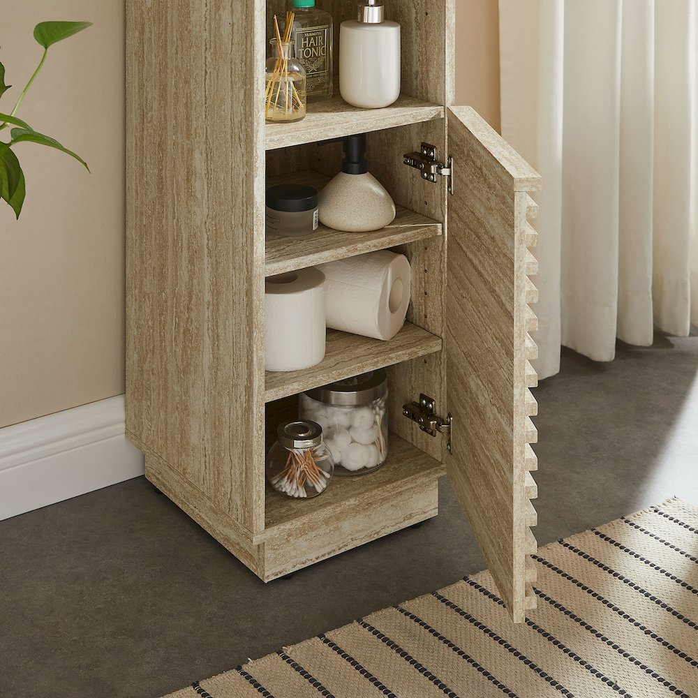 Render Tall Narrow Faux Travertine Linen Storage Cabinet. Picture 10
