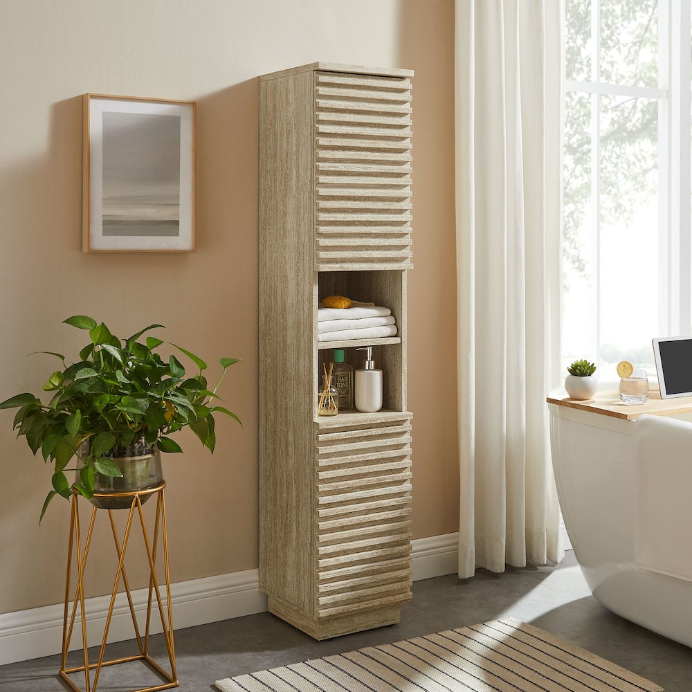Render Tall Narrow Faux Travertine Linen Storage Cabinet. Picture 9