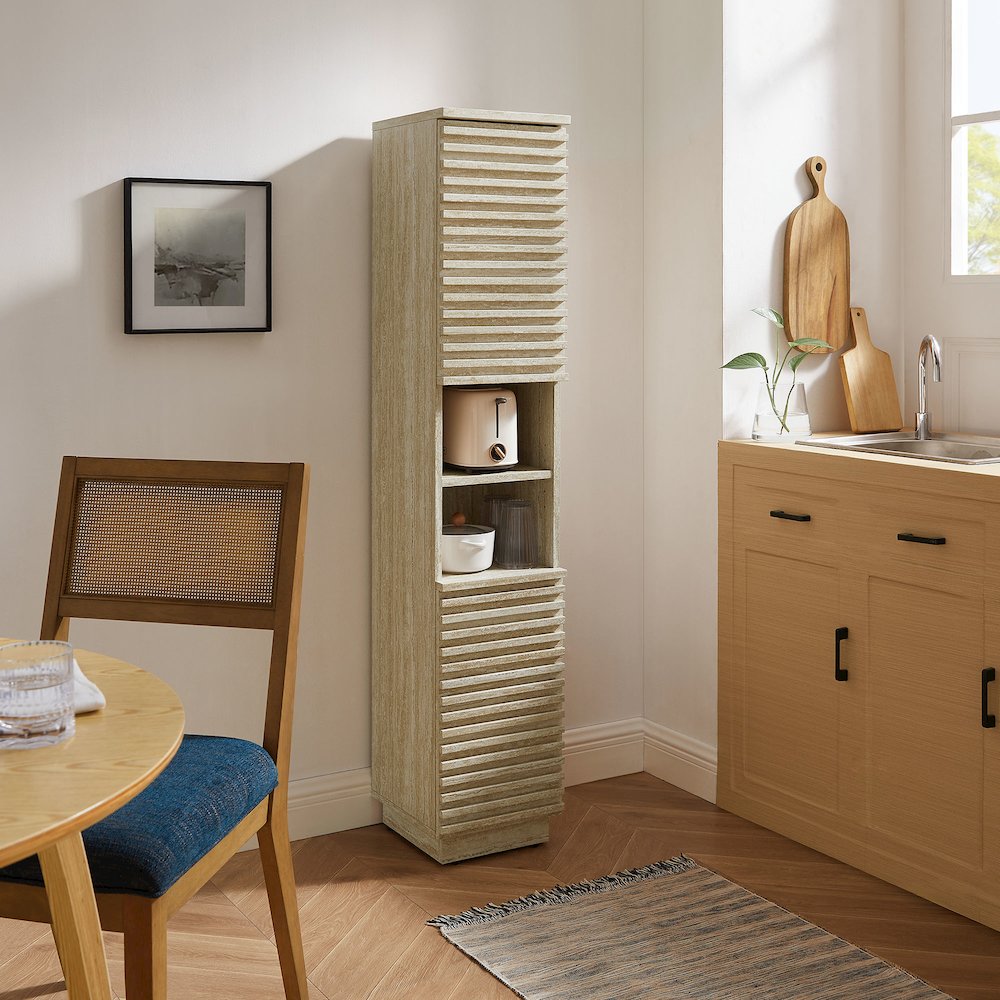 Render Tall Narrow Faux Travertine Linen Storage Cabinet. Picture 8
