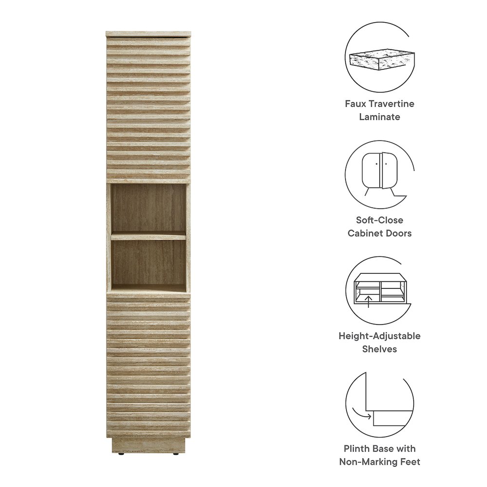 Render Tall Narrow Faux Travertine Linen Storage Cabinet. Picture 3