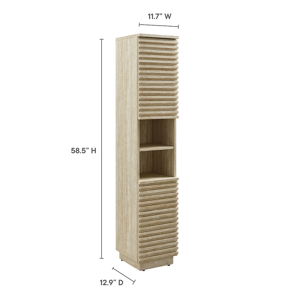 Render Tall Narrow Faux Travertine Linen Storage Cabinet. Picture 2
