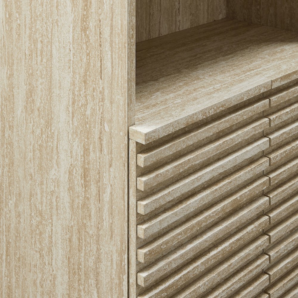Render Tall Faux Travertine Linen Storage Cabinet. Picture 7