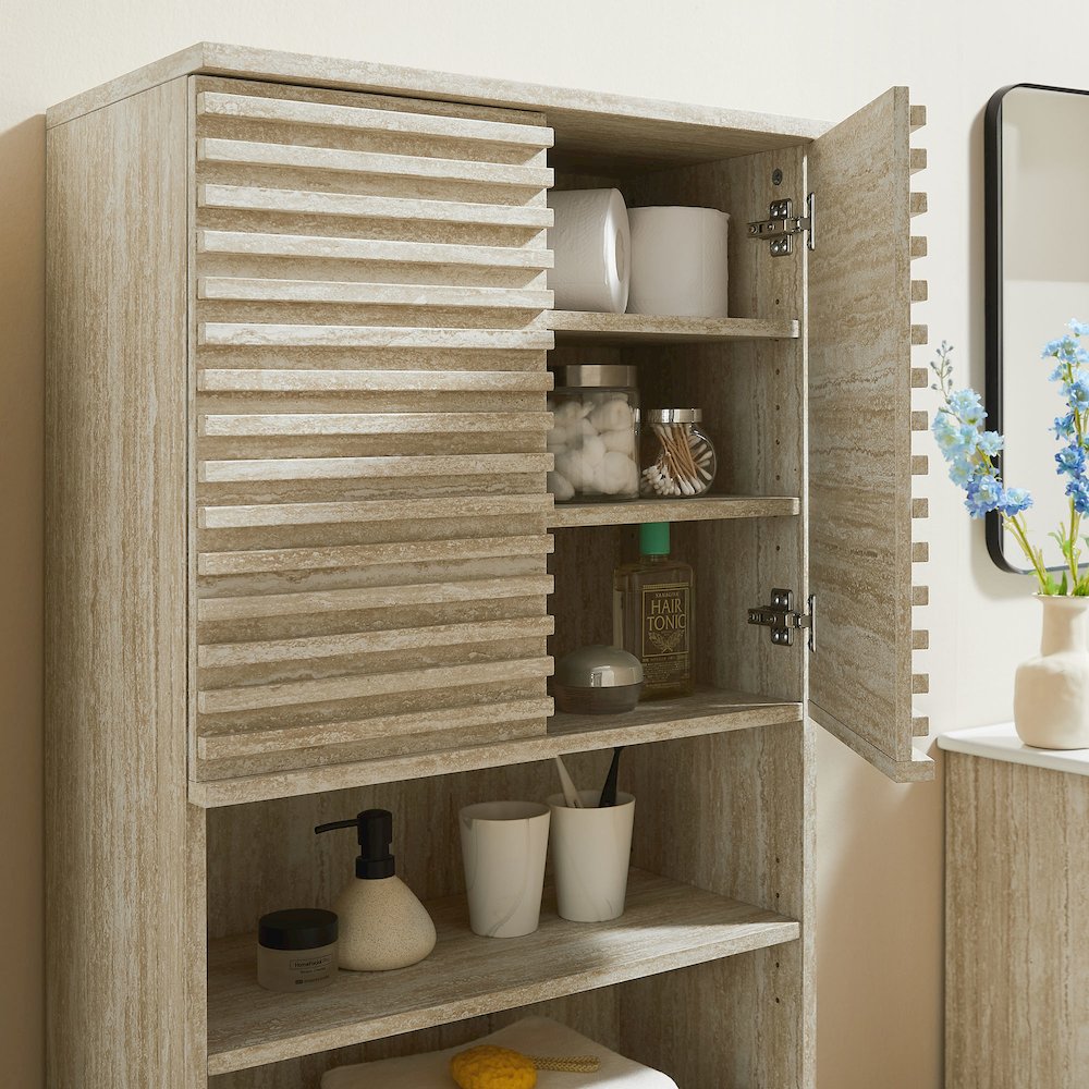 Render Tall Faux Travertine Linen Storage Cabinet. Picture 10