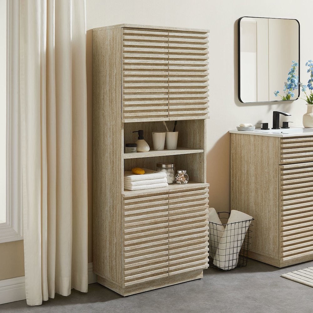 Render Tall Faux Travertine Linen Storage Cabinet. Picture 9