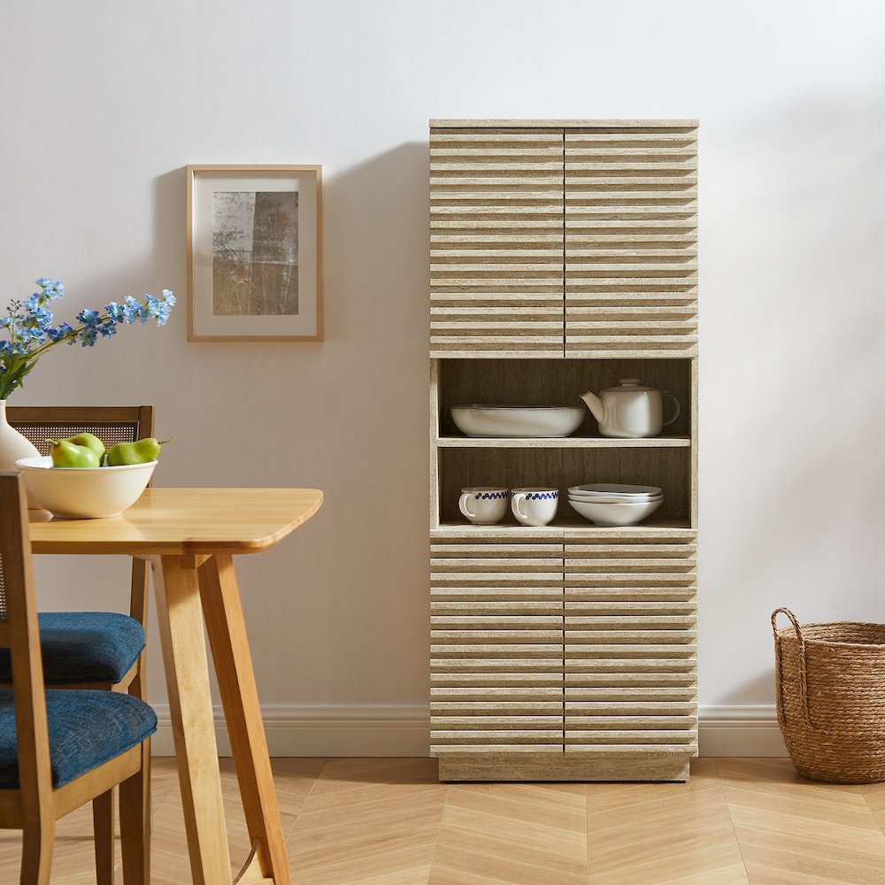 Render Tall Faux Travertine Linen Storage Cabinet. Picture 8