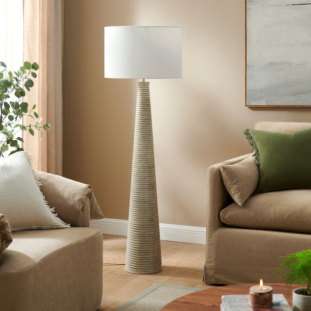 Saylor Carved Ribbed Wood Floor Lamp With Drum Shade. Picture 9