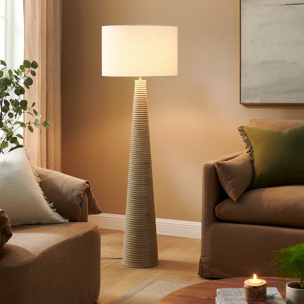 Saylor Carved Ribbed Wood Floor Lamp With Drum Shade. Picture 10