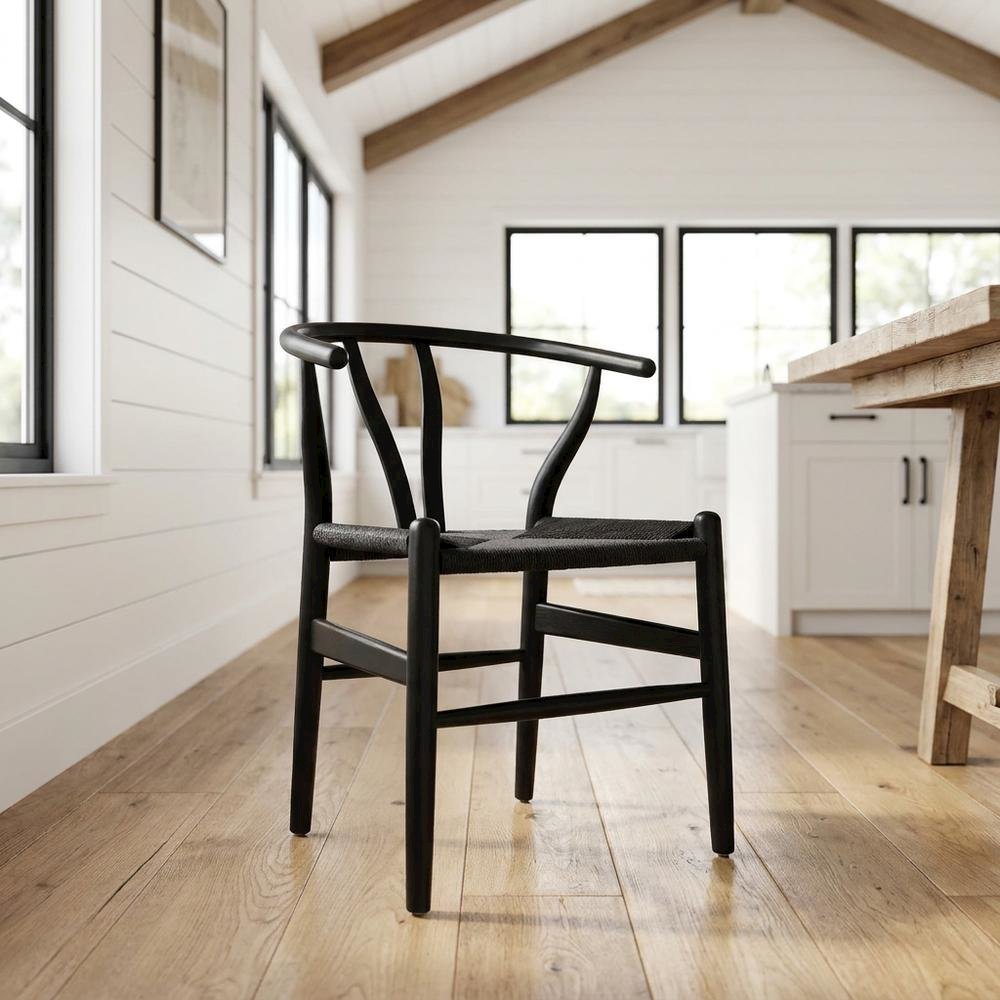 Wood Dining Chair with Slatted Backrest for Kitchen and Dining Room, Black Black. Picture 2
