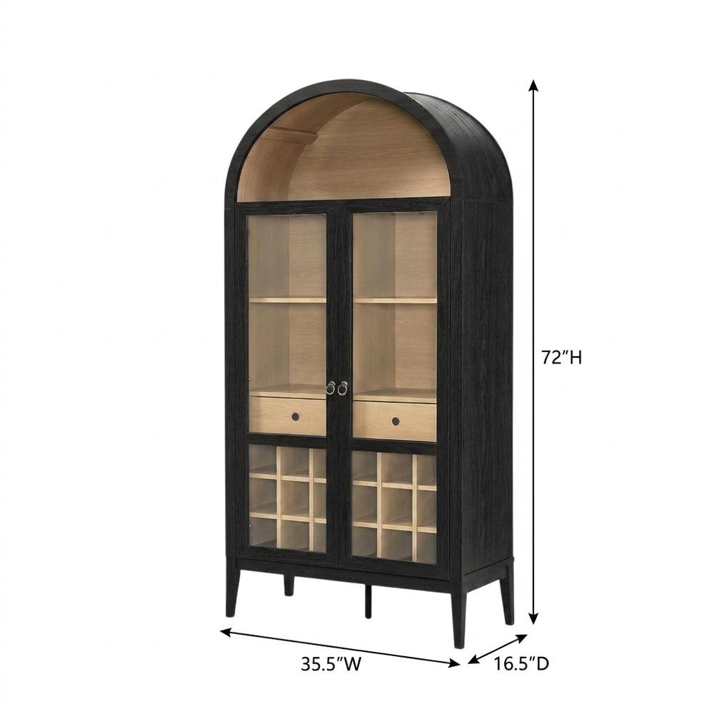 Wooden Tall Bar Cabinet with Arched Doors and Liquor Storage, Black Oak. Picture 5