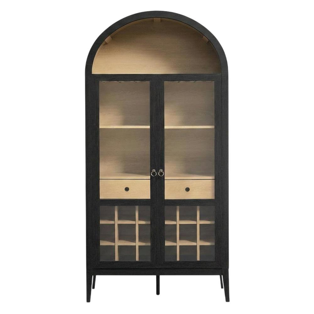 Wooden Tall Bar Cabinet with Arched Doors and Liquor Storage, Black Oak. Picture 1