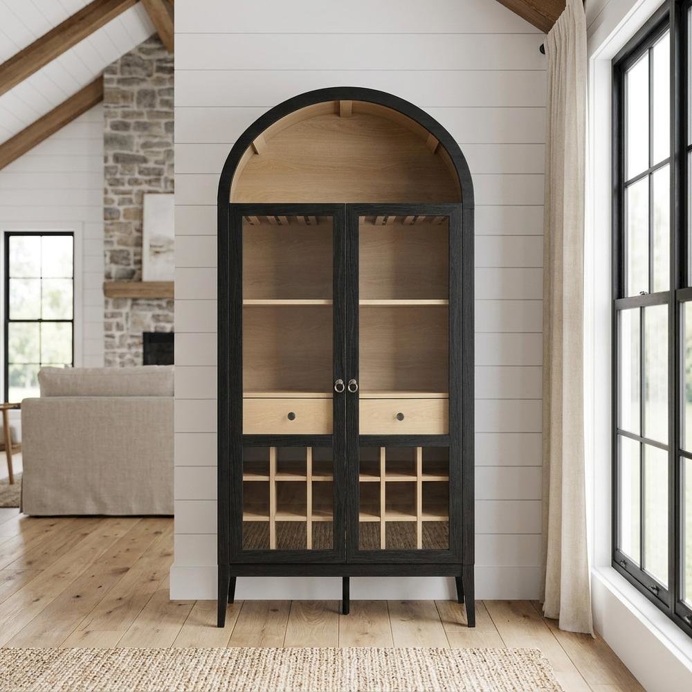 Wooden Tall Bar Cabinet with Arched Doors and Liquor Storage, Black Oak. Picture 2