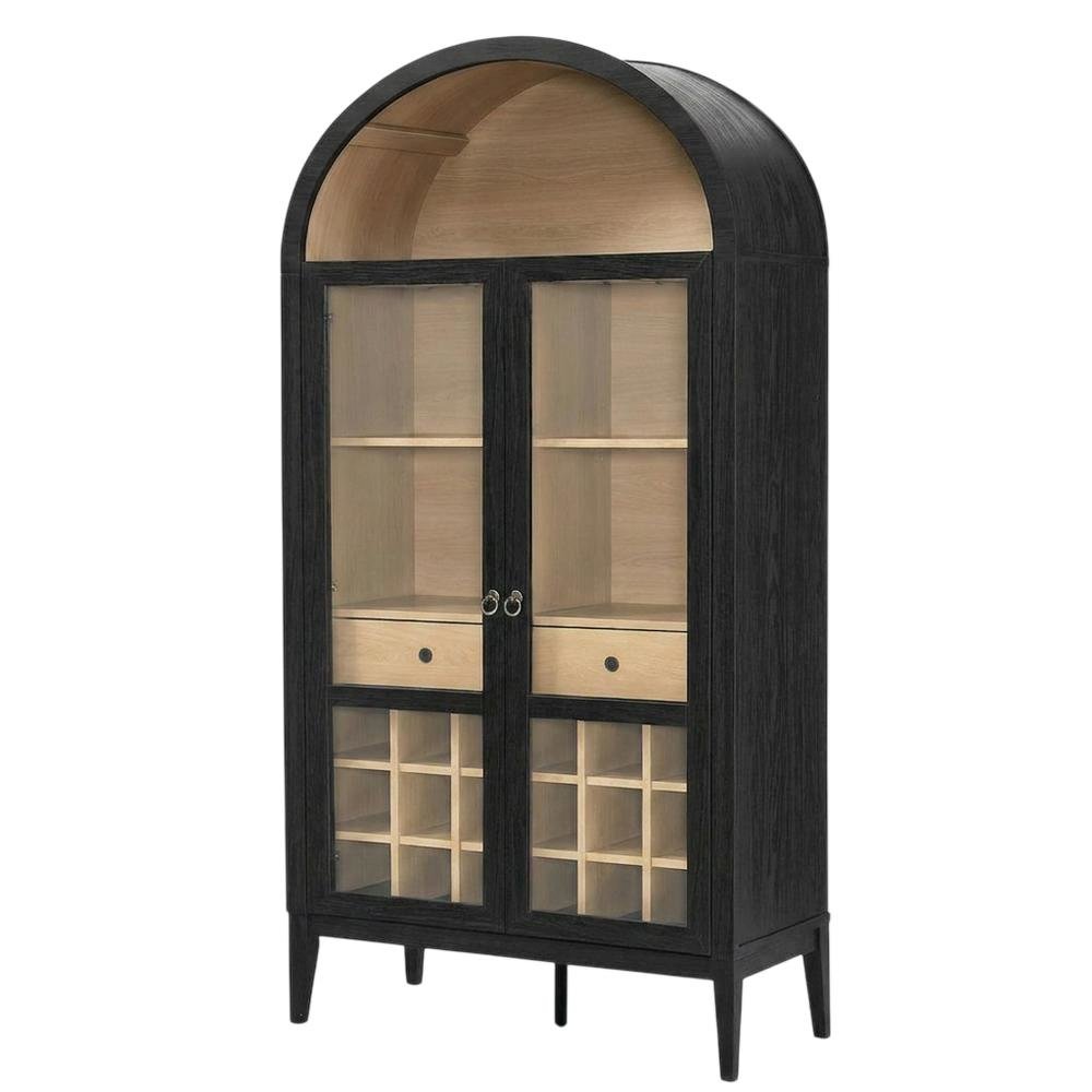 Wooden Tall Bar Cabinet with Arched Doors and Liquor Storage, Black Oak. Picture 4