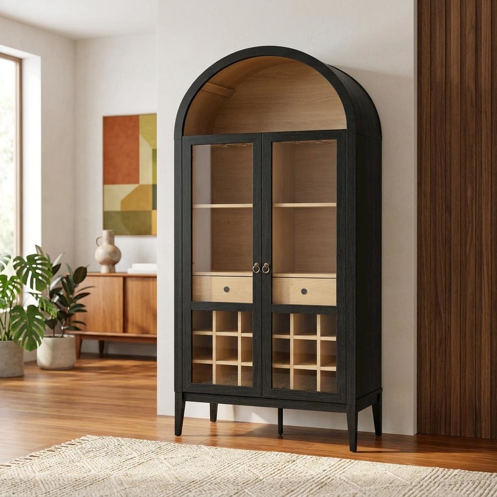 Wooden Tall Bar Cabinet with Arched Doors and Liquor Storage, Black Oak. Picture 3