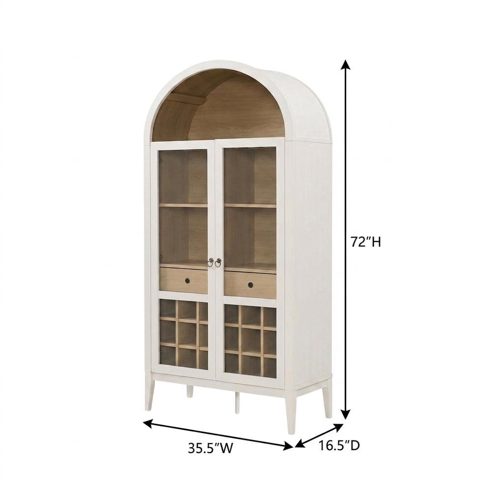 Wooden Tall Bar Cabinet with Arched Doors and Liquor Storage, Ivory Oak. Picture 5