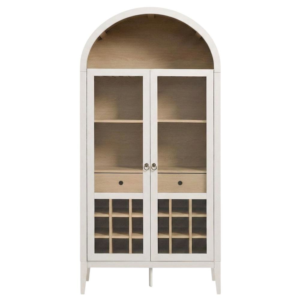 Wooden Tall Bar Cabinet with Arched Doors and Liquor Storage, Ivory Oak. Picture 1
