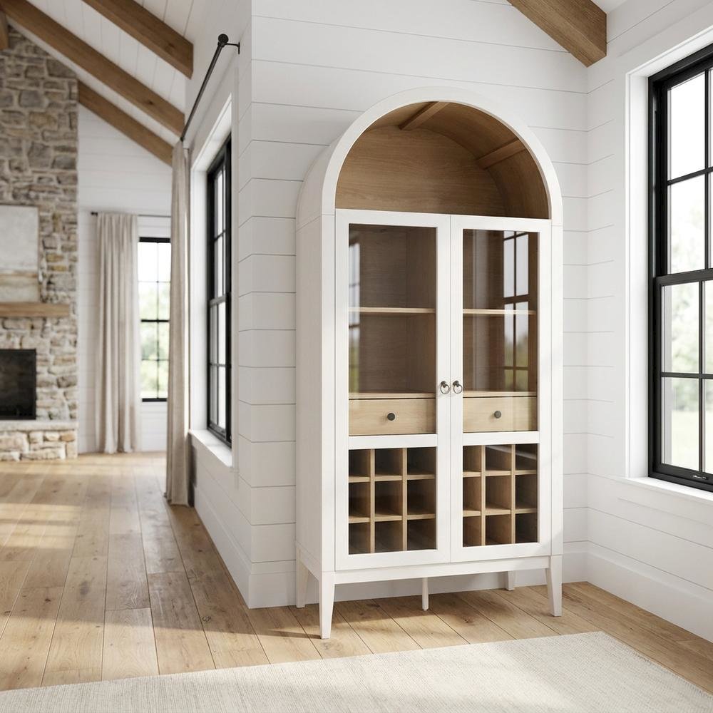 Wooden Tall Bar Cabinet with Arched Doors and Liquor Storage, Ivory Oak. Picture 2