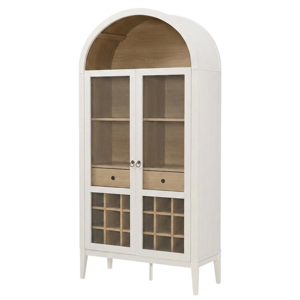 Wooden Tall Bar Cabinet with Arched Doors and Liquor Storage, Ivory Oak. Picture 4