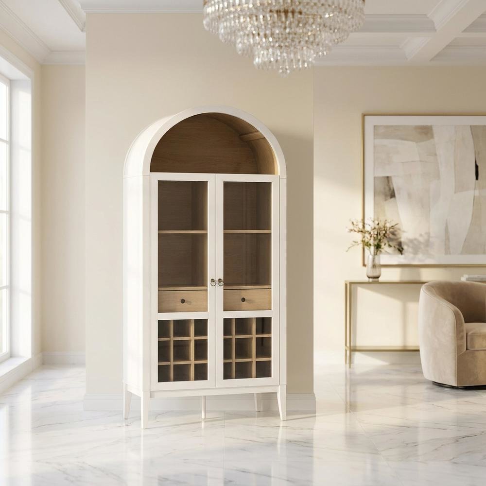 Wooden Tall Bar Cabinet with Arched Doors and Liquor Storage, Ivory Oak. Picture 3