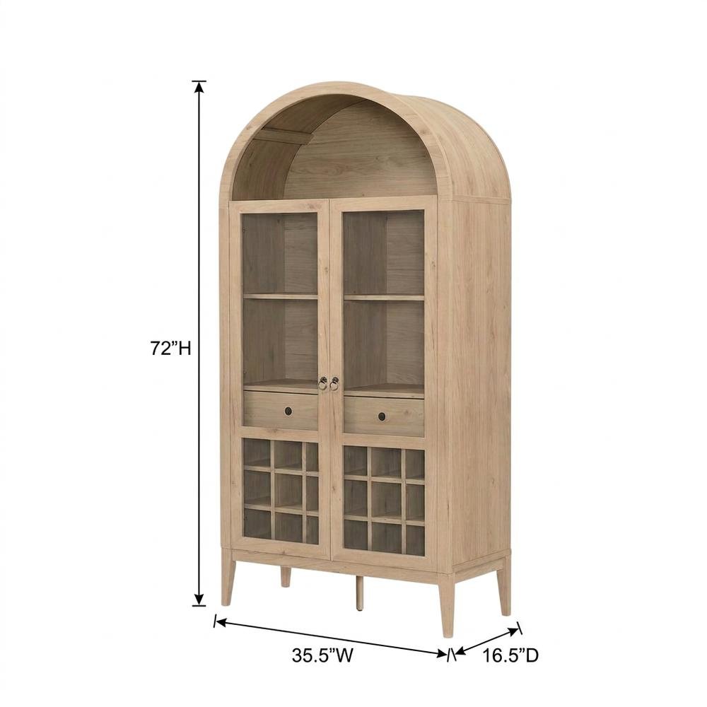 Wooden Tall Bar Cabinet with Arched Doors and Liquor Storage, Light Oak. Picture 5