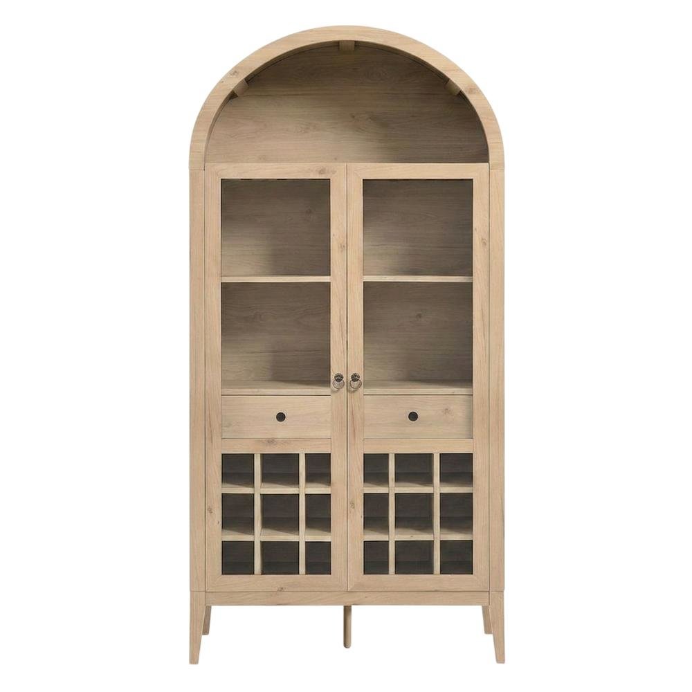 Wooden Tall Bar Cabinet with Arched Doors and Liquor Storage, Light Oak. Picture 1