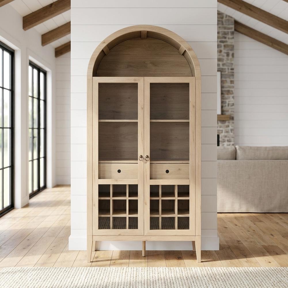 Wooden Tall Bar Cabinet with Arched Doors and Liquor Storage, Light Oak. Picture 2