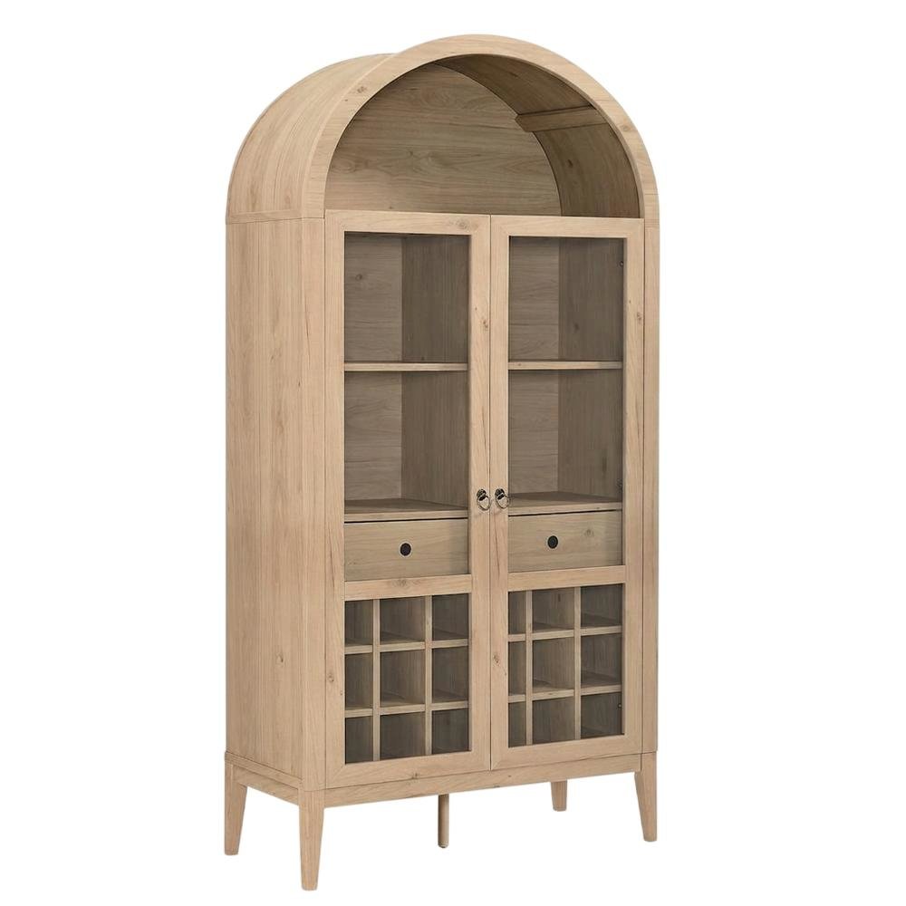 Wooden Tall Bar Cabinet with Arched Doors and Liquor Storage, Light Oak. Picture 4