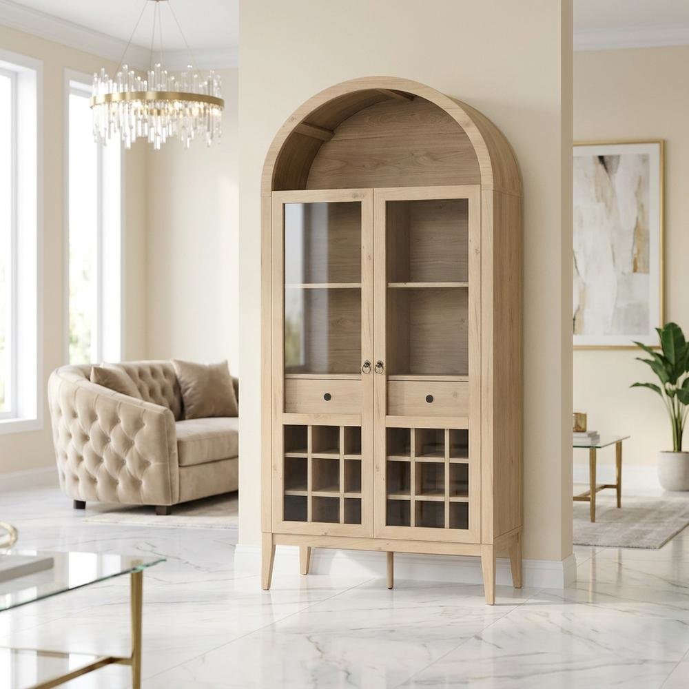 Wooden Tall Bar Cabinet with Arched Doors and Liquor Storage, Light Oak. Picture 3