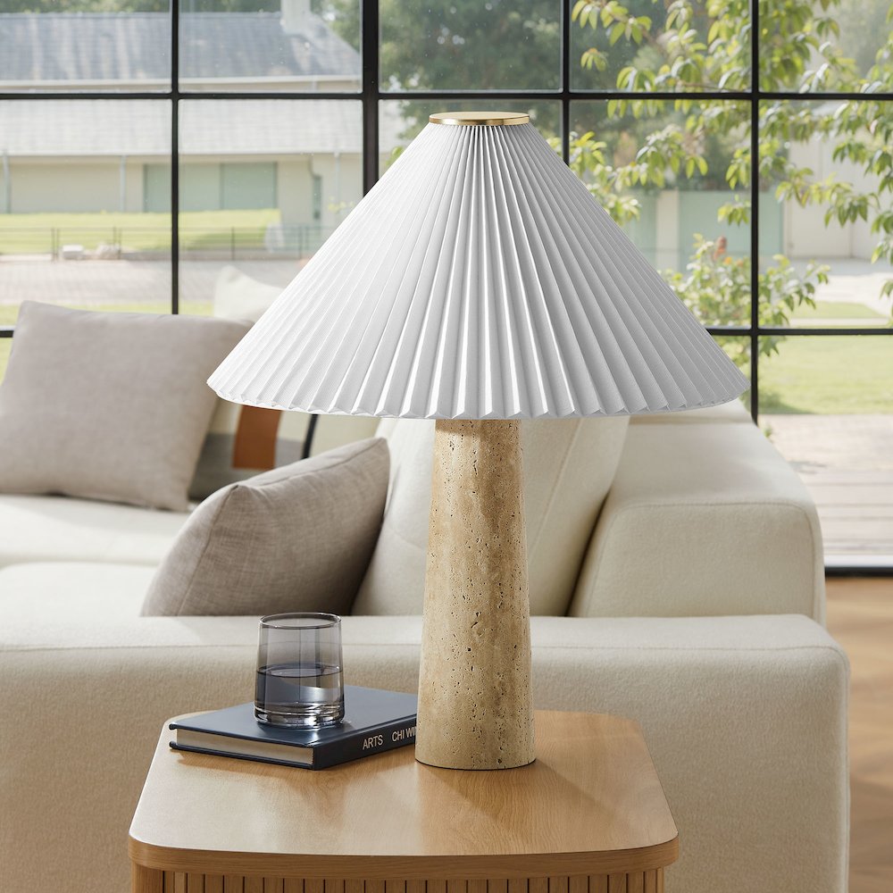 Cove Travertine Table Lamp With Pleated Shade. Picture 12