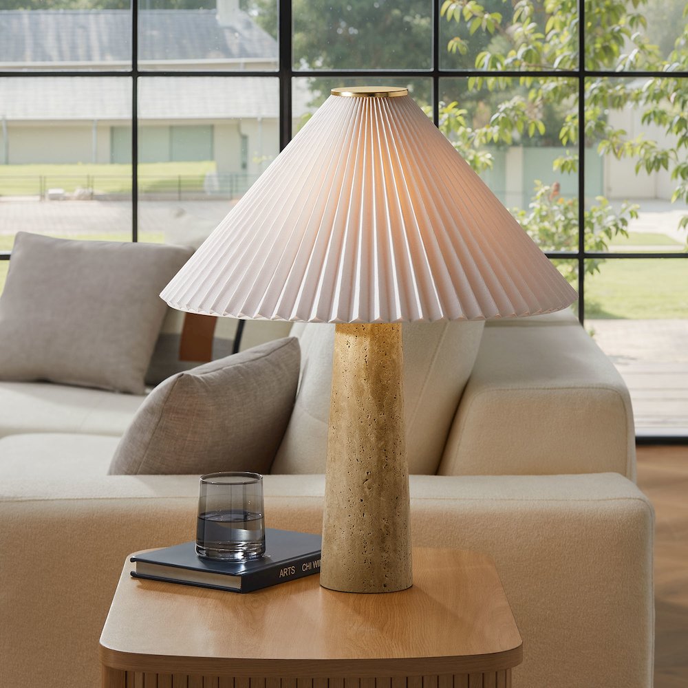 Cove Travertine Table Lamp With Pleated Shade. Picture 13