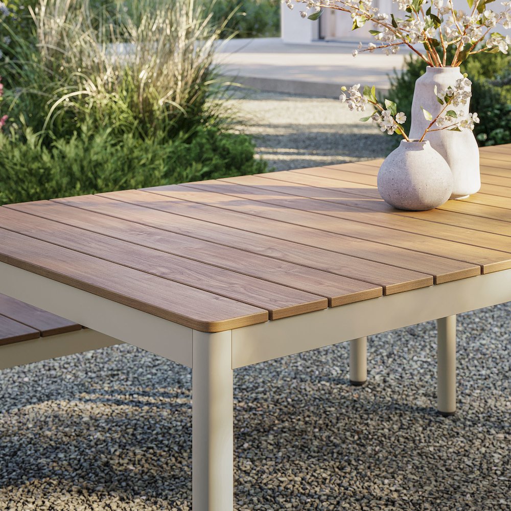 Finn 71" Outdoor Patio Aluminum Dining Table with Faux Wood Top. Picture 9